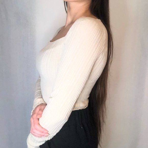 Straight Neckline Ribbed Cozy Cream Long Sleeve Shirt - Picture 7 of 8